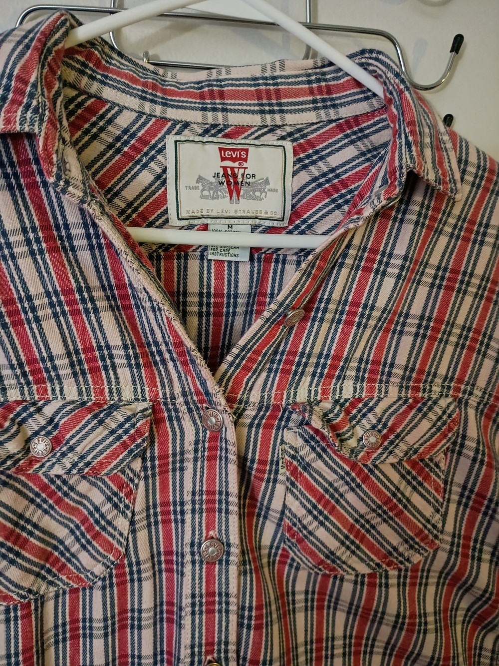 Vintage Levi's Women's Red, Blue & Cream Plaid Shirt